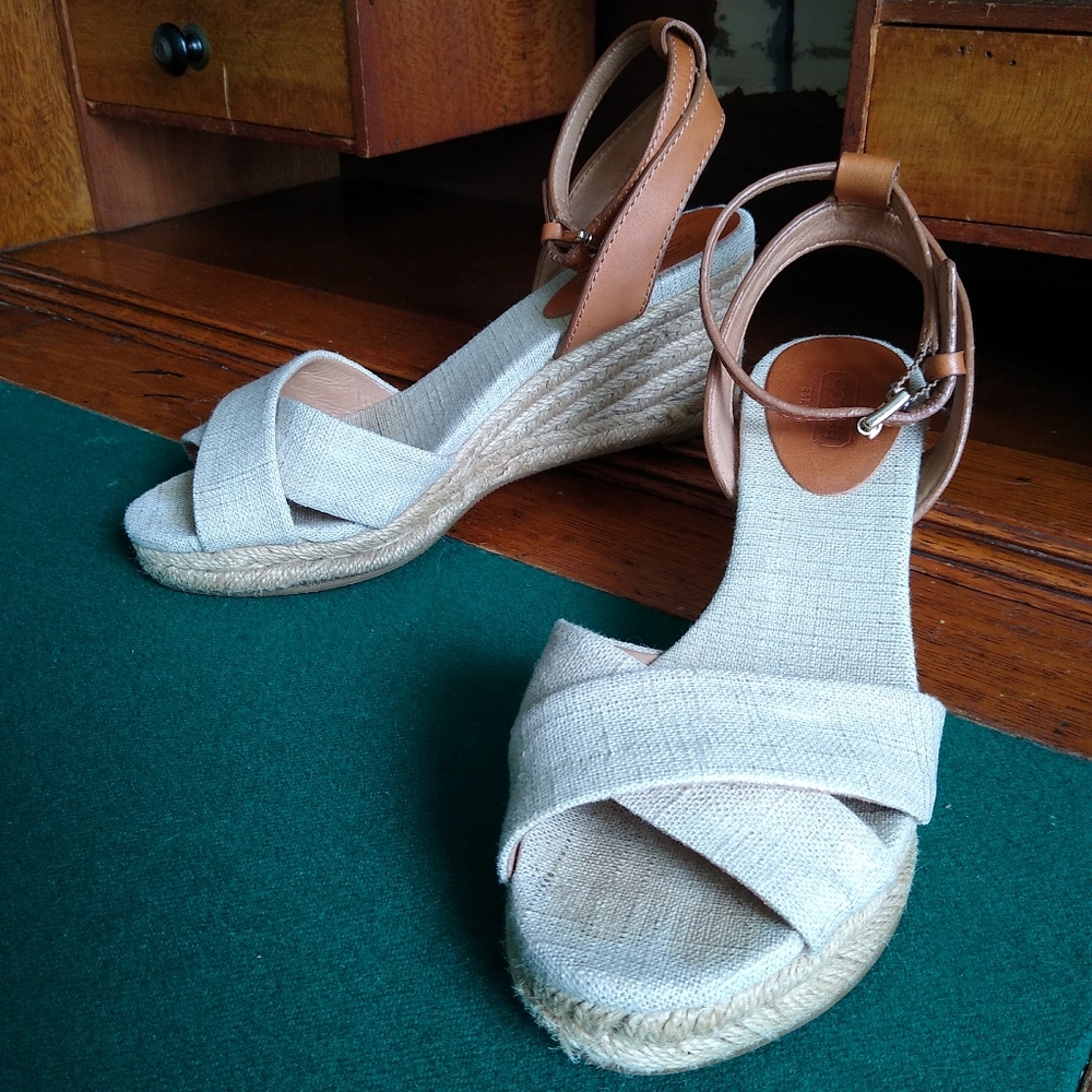COACH Cream Linen and Brown Leather Ankle Strap Wedge Heels